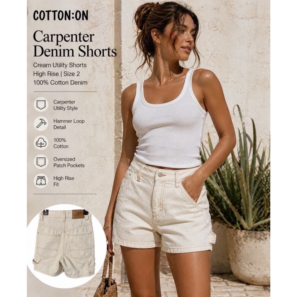 Cotton On Carpenter Denim Shorts Cream Utility Workwear High Rise Size 2